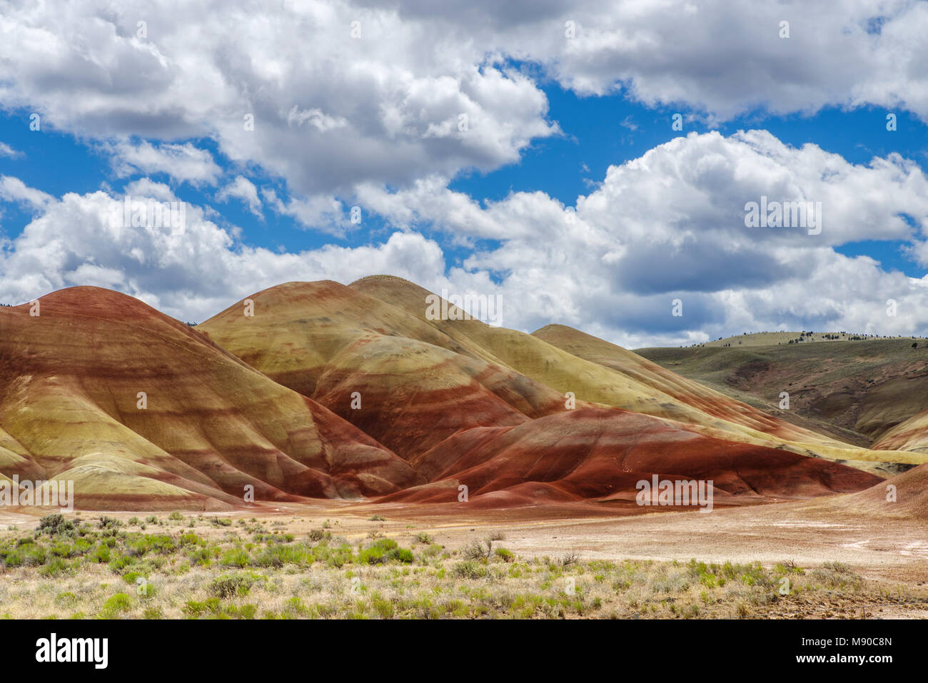 Il dipinto di colline di Oregon mostrano colori creati da diversi strati di terreno depositato sopra eoni. John Day Fossil Beds, Mitchell, Oregon Foto Stock