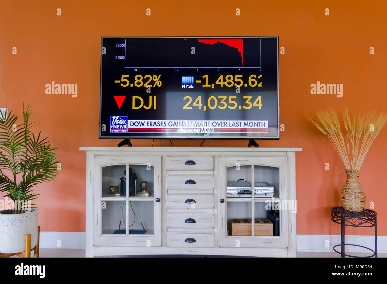 La televisione evento tv di un mercato azionario dow jones industrials dj crash o di correzione al ribasso di maggiore di 5 %i il 5 febbraio 2017 la chiusura di dow Foto Stock