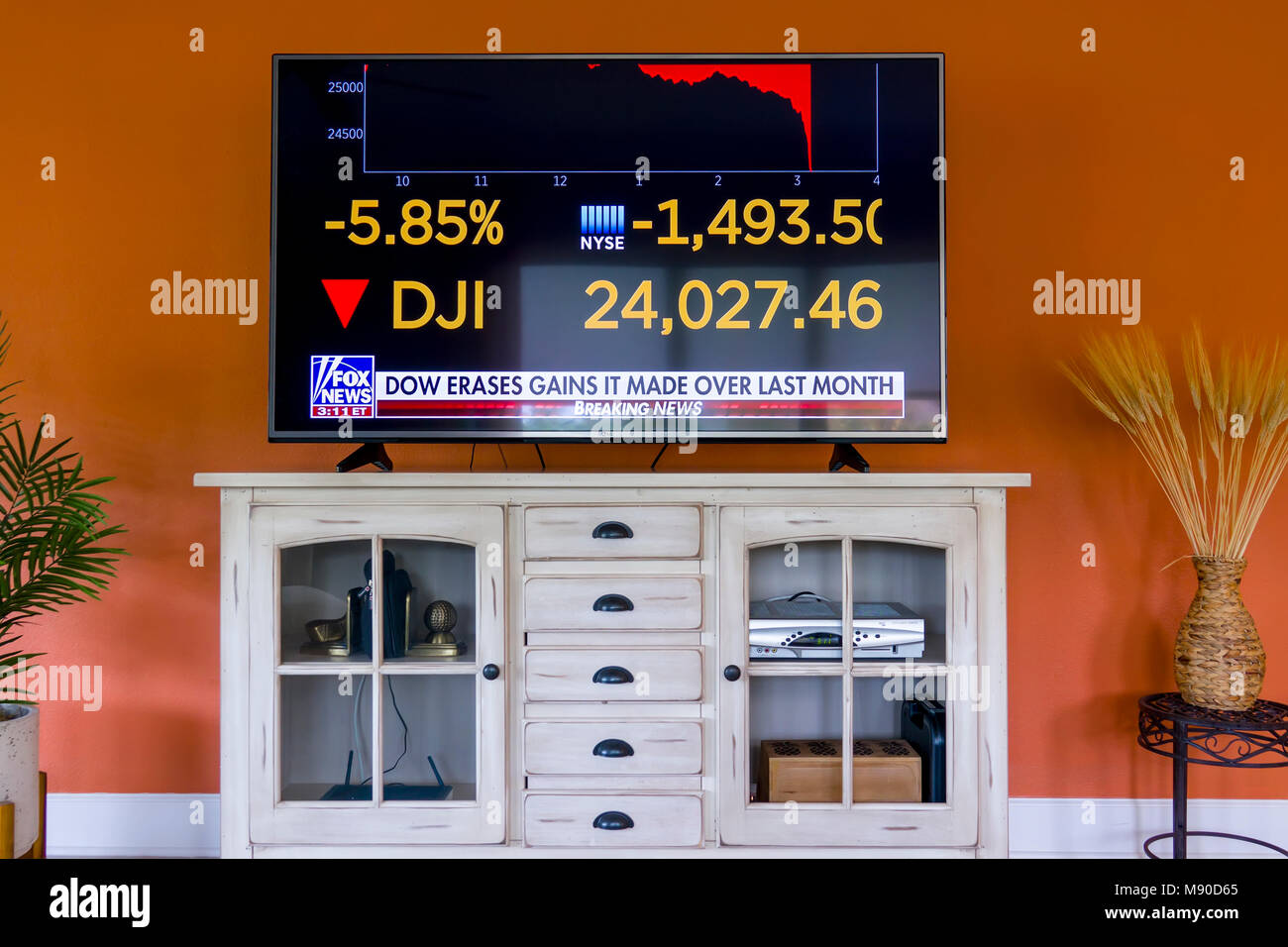 La televisione evento tv di un mercato azionario dow jones industrials dj crash o di correzione al ribasso di maggiore di 5 %i il 5 febbraio 2017 la chiusura di dow Foto Stock