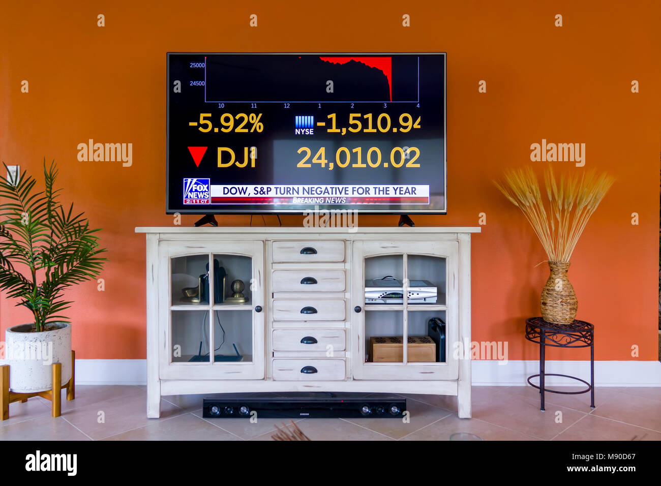 La televisione evento tv di un mercato azionario dow jones industrials dj crash o di correzione al ribasso di maggiore di 5 %i il 5 febbraio 2017 la chiusura di dow Foto Stock