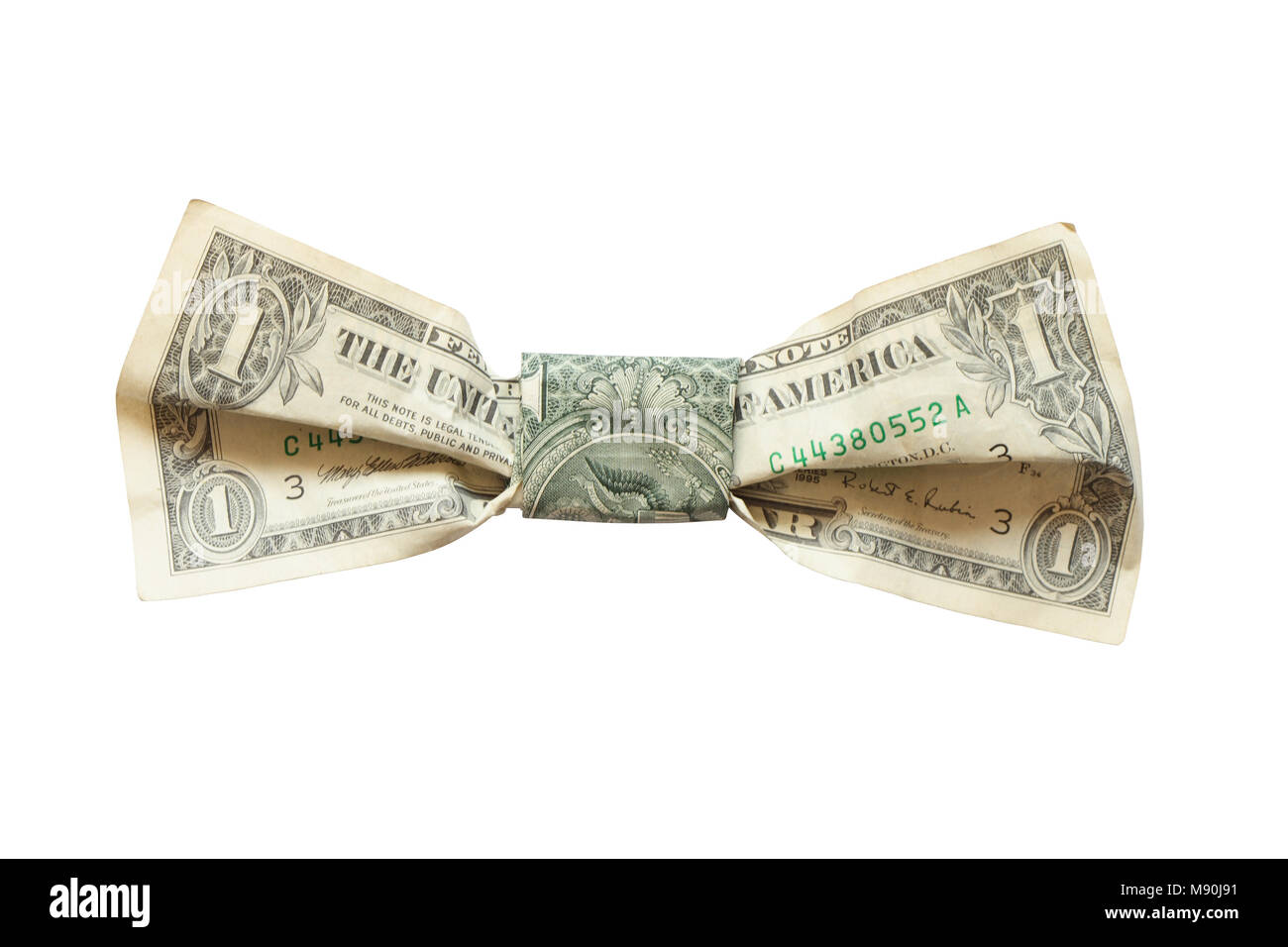 Il filtro Bow tie realizzato da un dollaro banconote. Isolato su bianco con tracciato di ritaglio Foto Stock