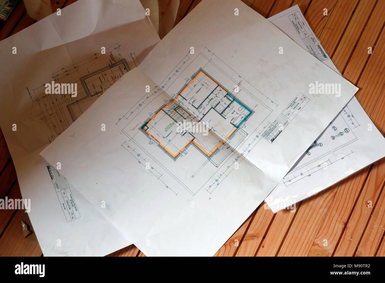 Casa in costruzione. Piano di architetto. Foto Stock