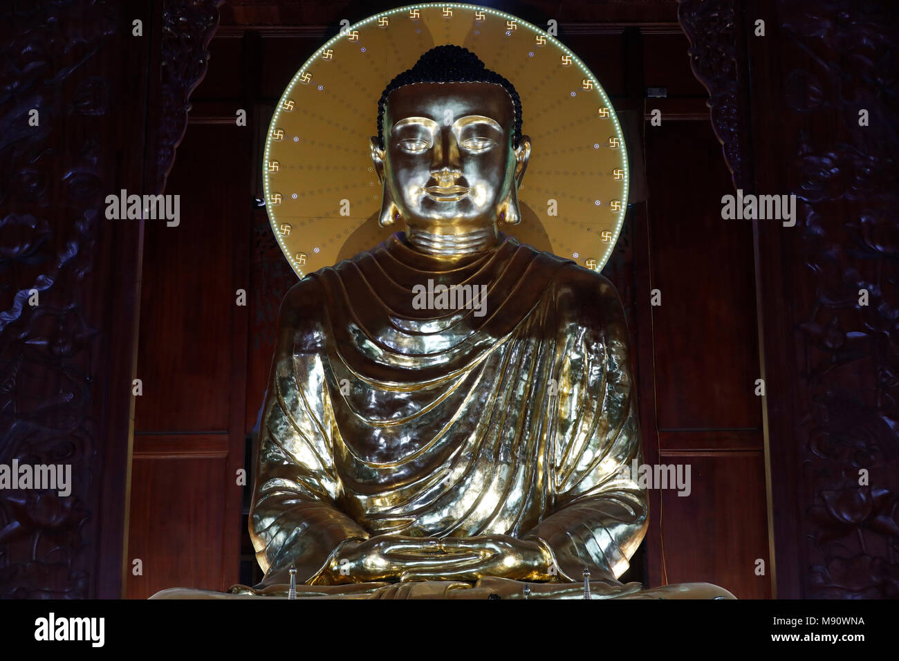 Minh Dang Quang tempio buddista. Golden gigantesca statua del Buddha. Meditazione la postura. Dhyana mudra. Ho Chi Minh city. Il Vietnam. Foto Stock
