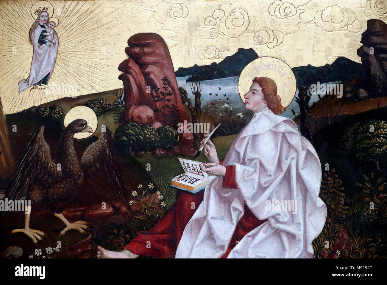 Museo Unterlinden. San Giovanni a Patmos. Olio su pannello di legno Tardo xv secolo. Colmar. La Francia. Foto Stock