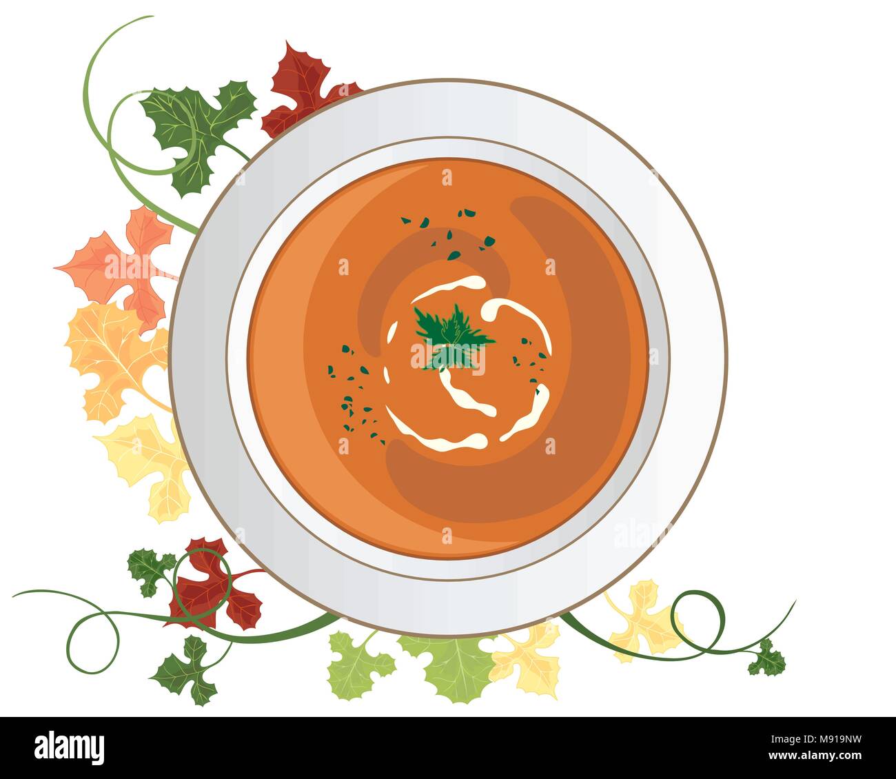 Una illustrazione vettoriale in formato eps formato 10 di una ciotola di stagionali zuppa di zucca con erbe e crema guarnire e fogliame di decorazione su sfondo bianco Illustrazione Vettoriale
