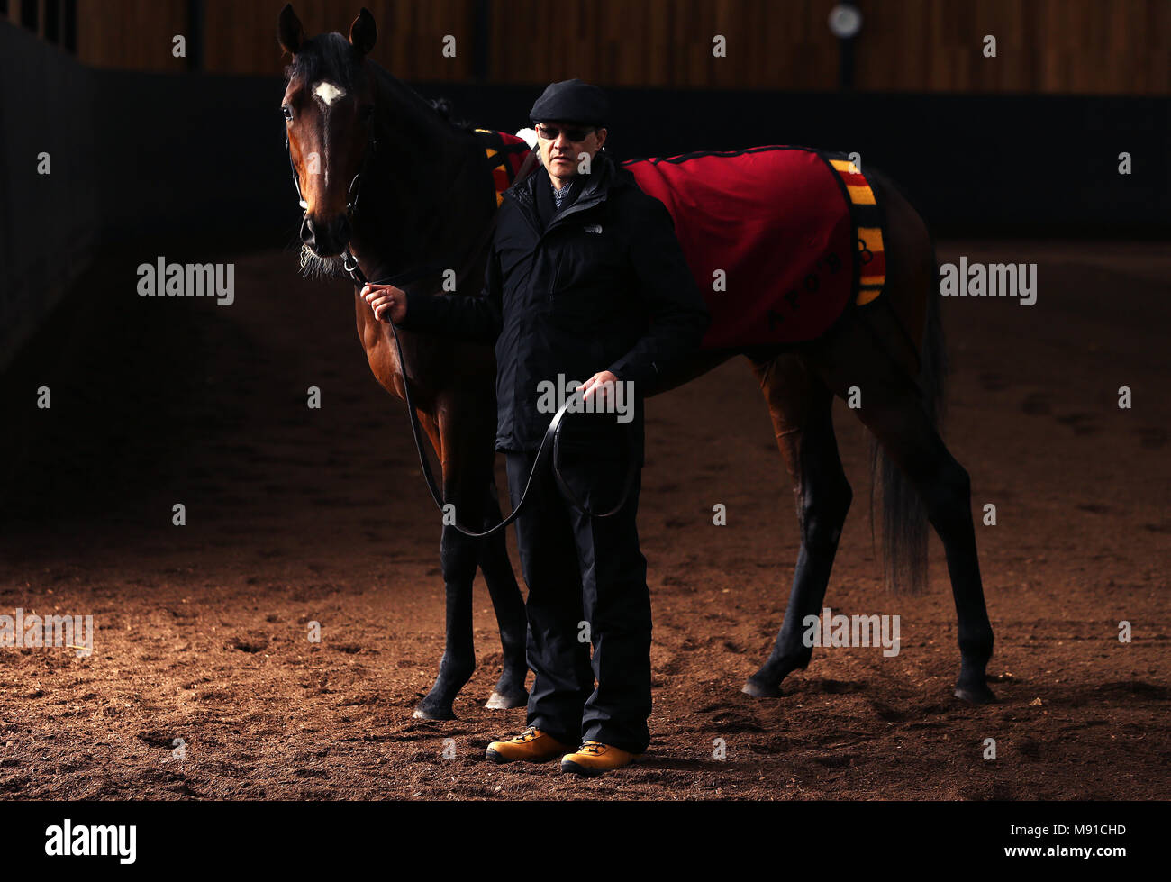 Aidan O'Brien con Kew Gardens a Ballydoyle scuderie, nella contea di Tipperary, durante il lancio del 2018 piatto irlandese stagione. Foto Stock