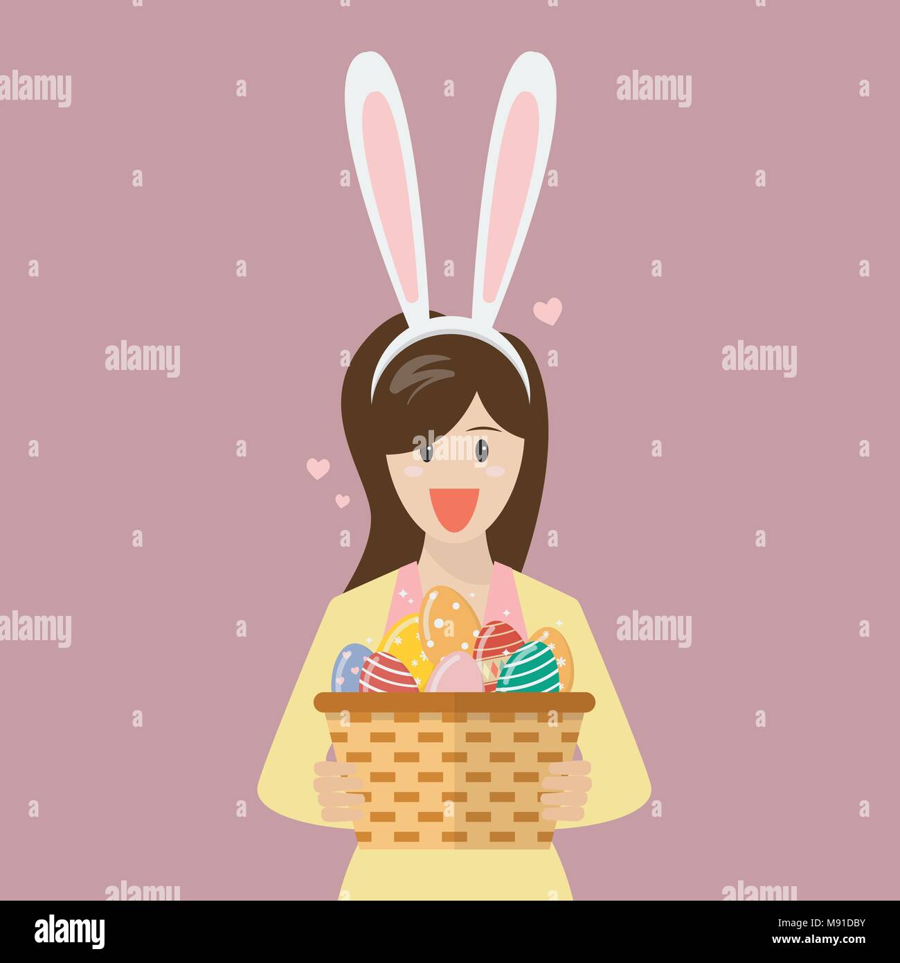 Donna con orecchie di coniglietto maschera holding cesto pieno di uova di pasqua. Illustrazione Vettoriale Illustrazione Vettoriale