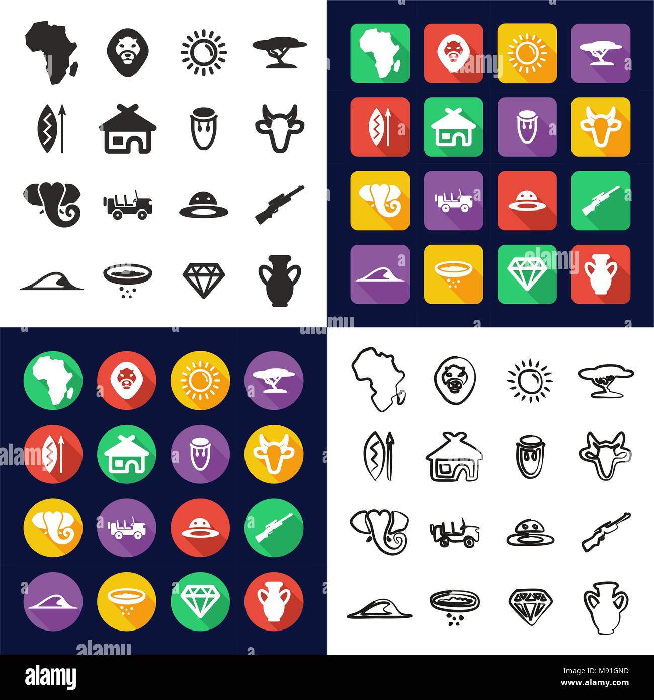 Africa tutti in una delle icone in Bianco e Nero Color Design piatto Set di Freehand Illustrazione Vettoriale