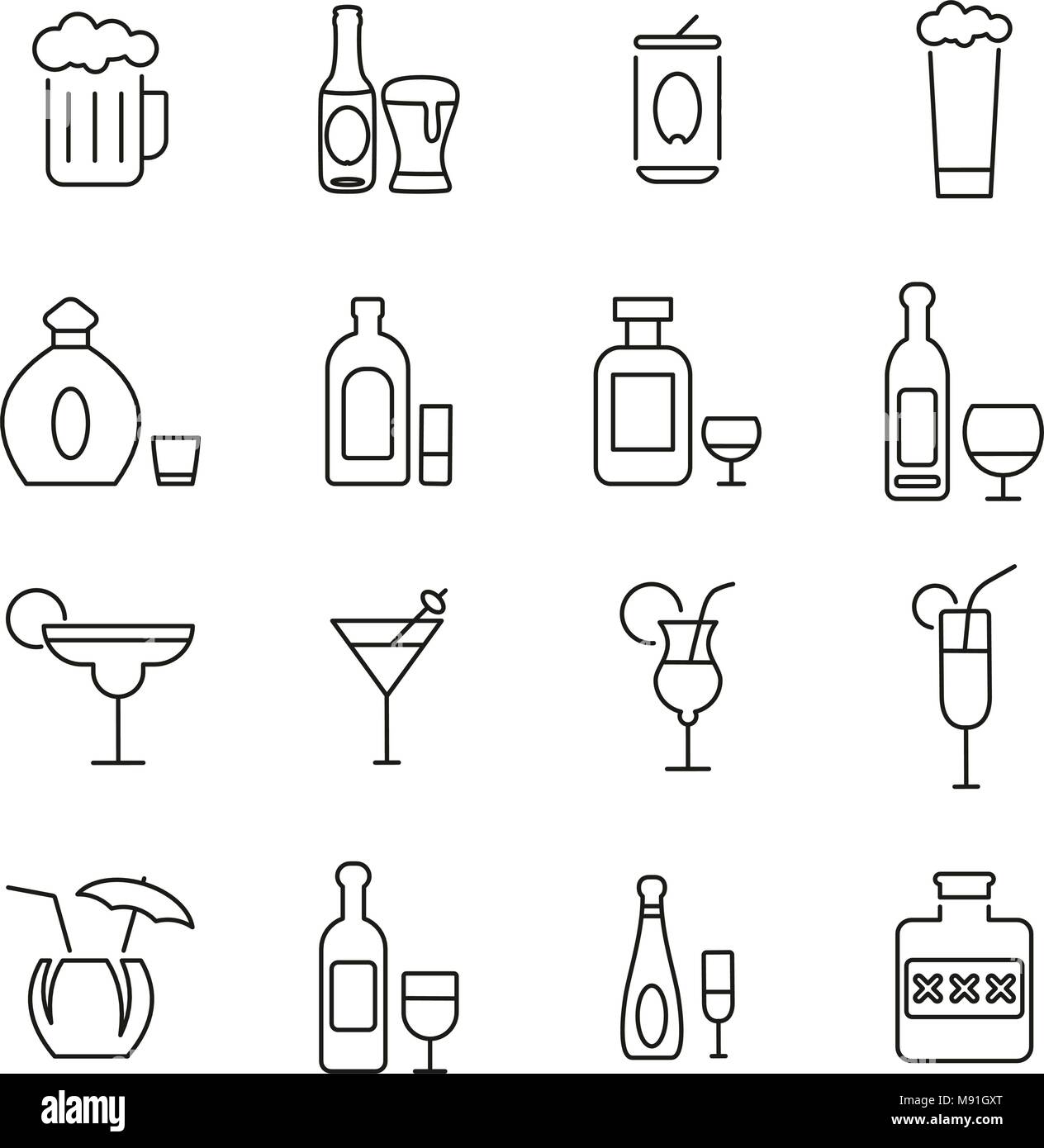 Bevande alcoliche icone linea sottile illustrazione vettoriale impostato Illustrazione Vettoriale