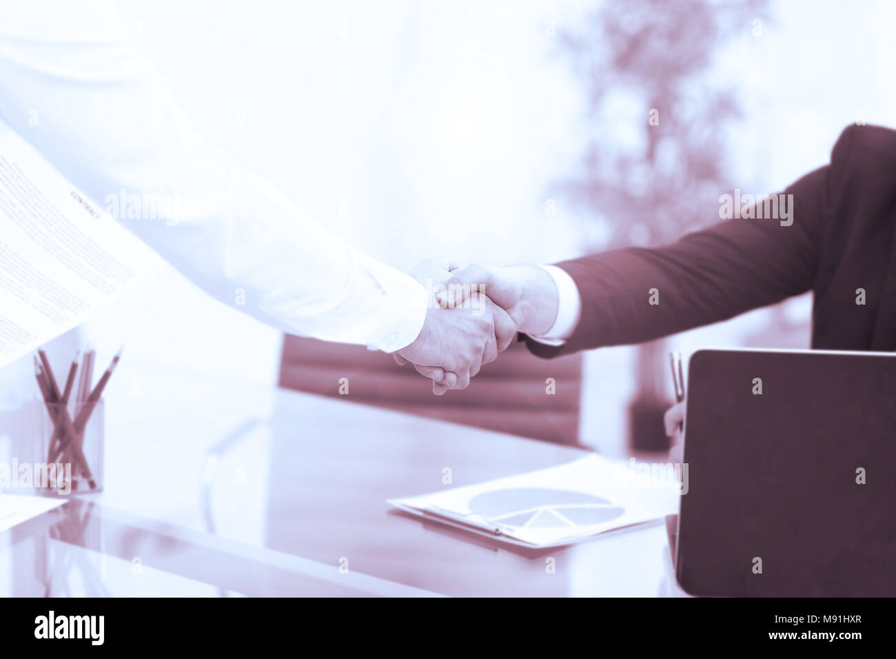 Business Meeting di partenariato concetto. Immagine businessmans handshake. Gli imprenditori di successo lo handshaking dopo un buon affare. Orizzontale, sfondo sfocato Foto Stock