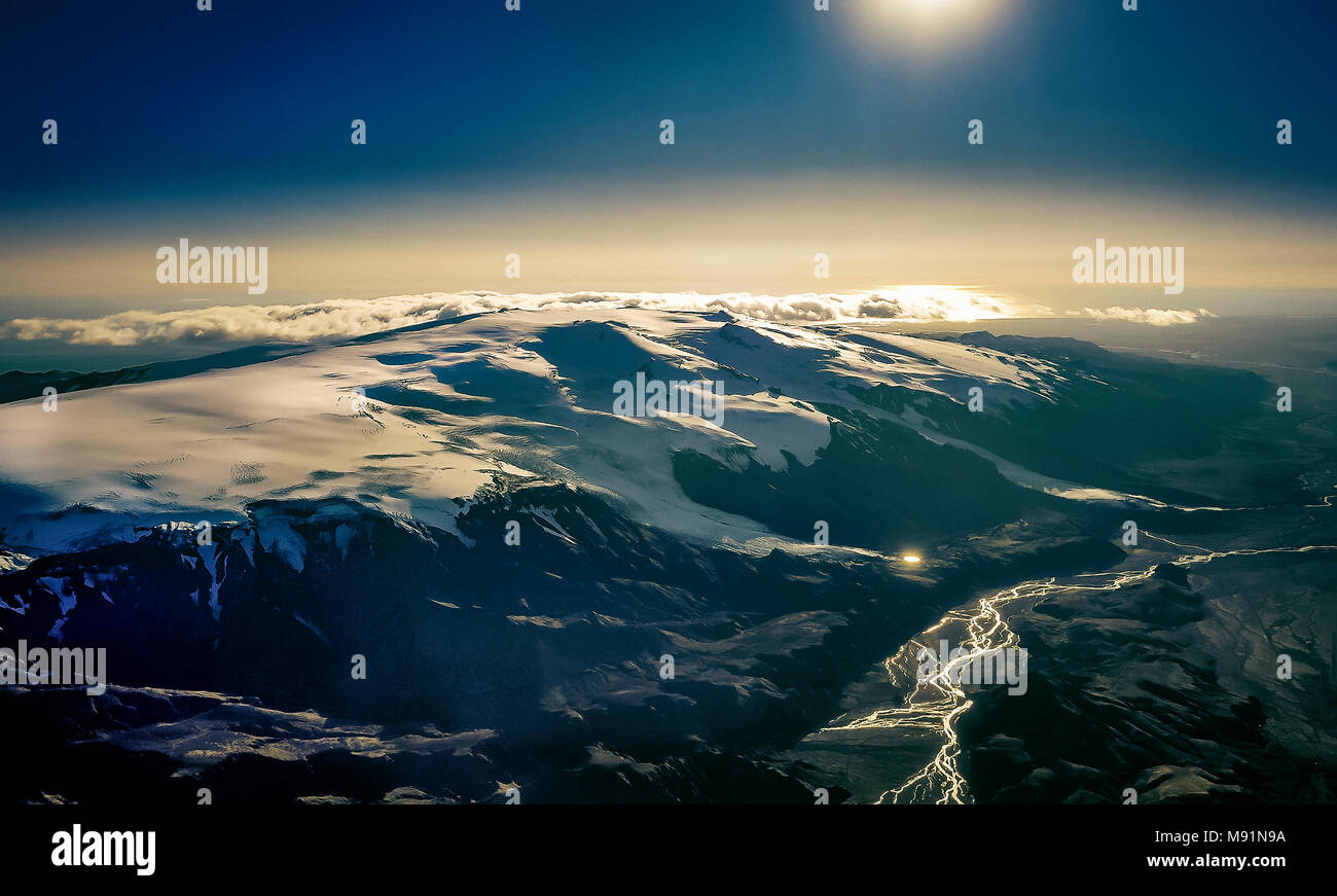Fiume Aerial-Krossa, Steinsholtsjokull ghiacciaio Eyjafjallajokull, tappo di ghiaccio, Islanda. Foto Stock