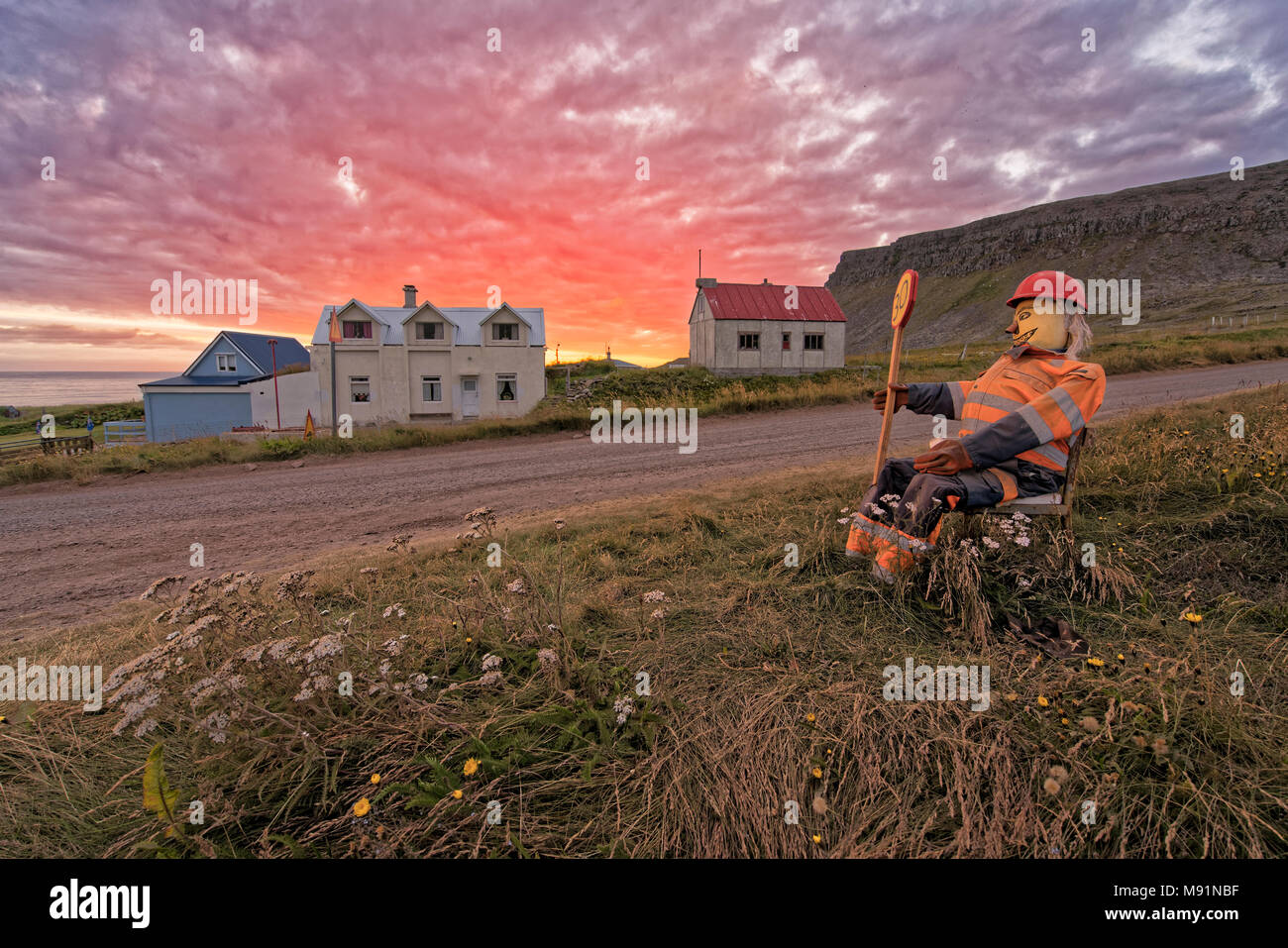 Strada e casa di Latrabjarg, West fiordi, Islanda. Foto Stock