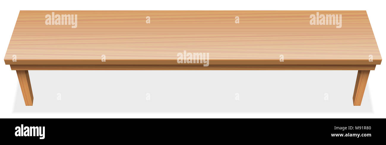 Molto lunga tavola, extra lungo il piano portapaziente con texture di legno. Vista in prospettiva dal di sopra. Illustrazione orizzontali su sfondo bianco. Foto Stock
