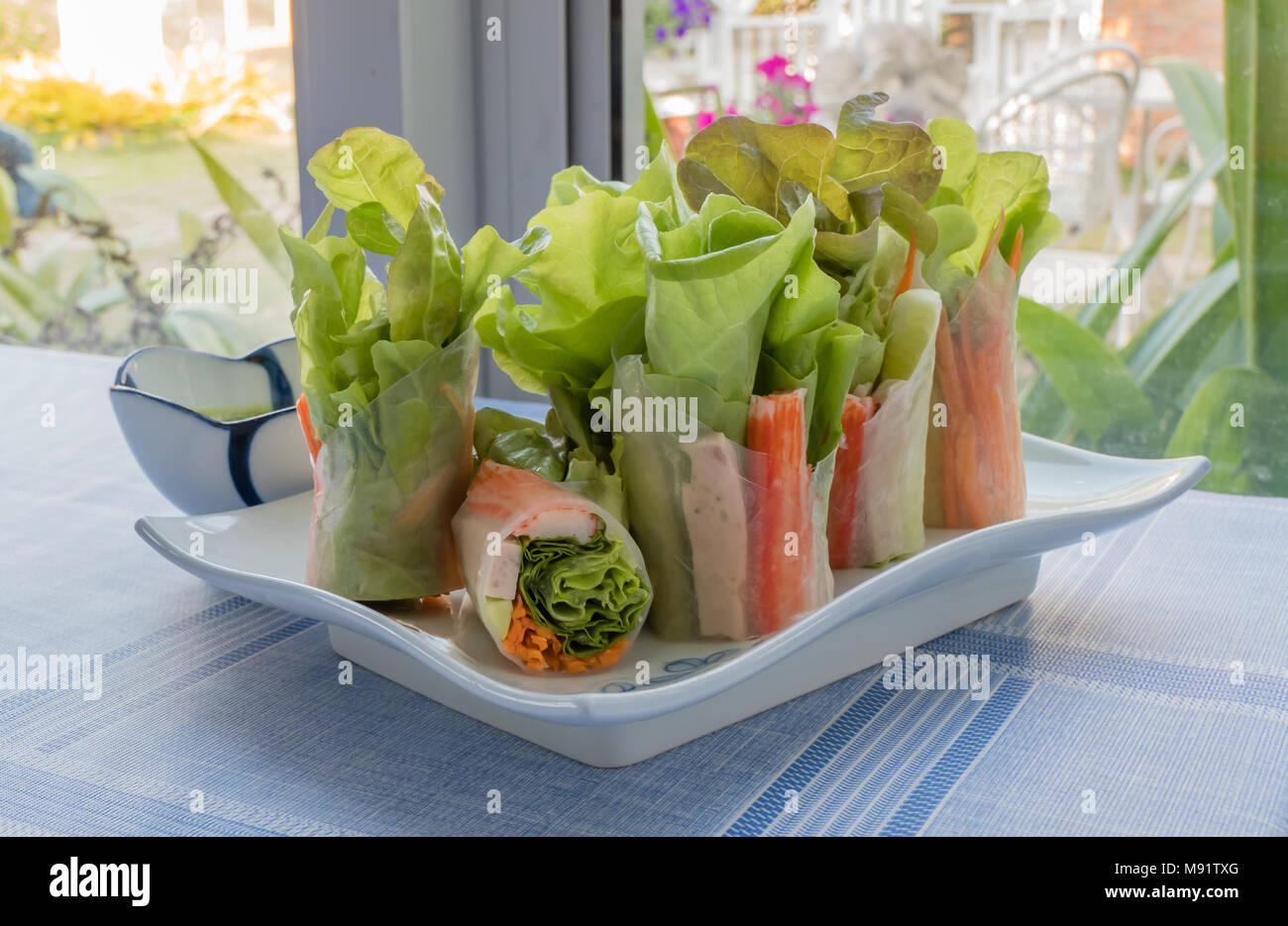 Fresca insalata di verdure rotolo nel tubo di tagliatella sulla piastra bianca servito con salsa di rafano Foto Stock