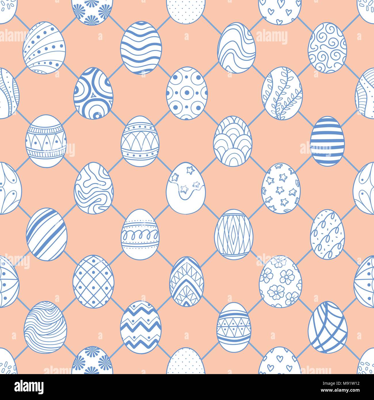 Carino uova di Pasqua nel contorno blu e il piano bianco sono in corrispondenza di giunzioni su rosa pastello sfondo. Carino disegnato a mano perfetta di design pattern per la Pasqua festiv Illustrazione Vettoriale