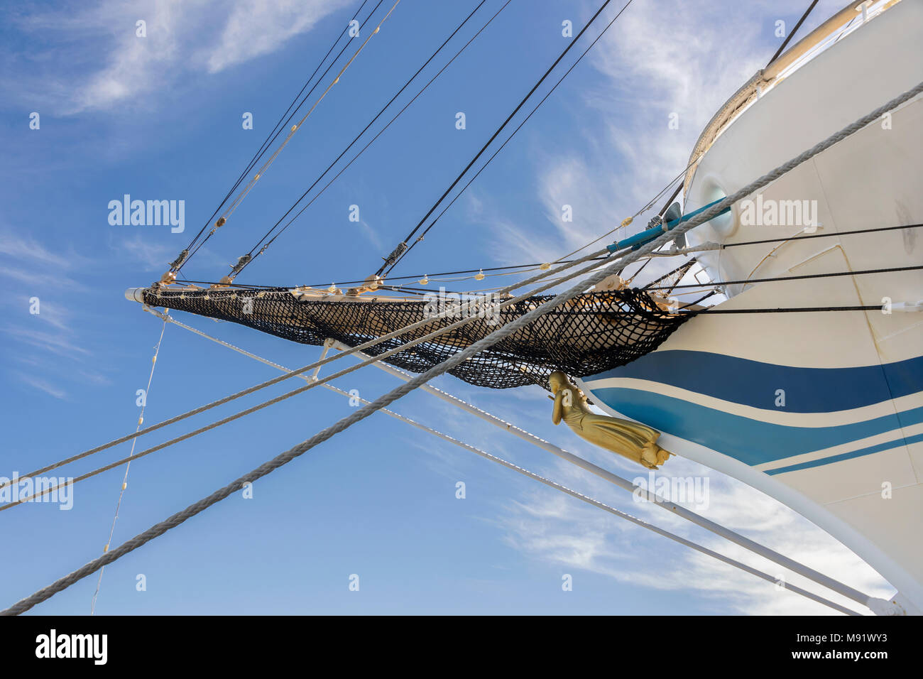 Spirito di prua con il 'Ranjo' figura dorata-testa, Kaiwo Maru, Steveston pier, British Columbia Foto Stock