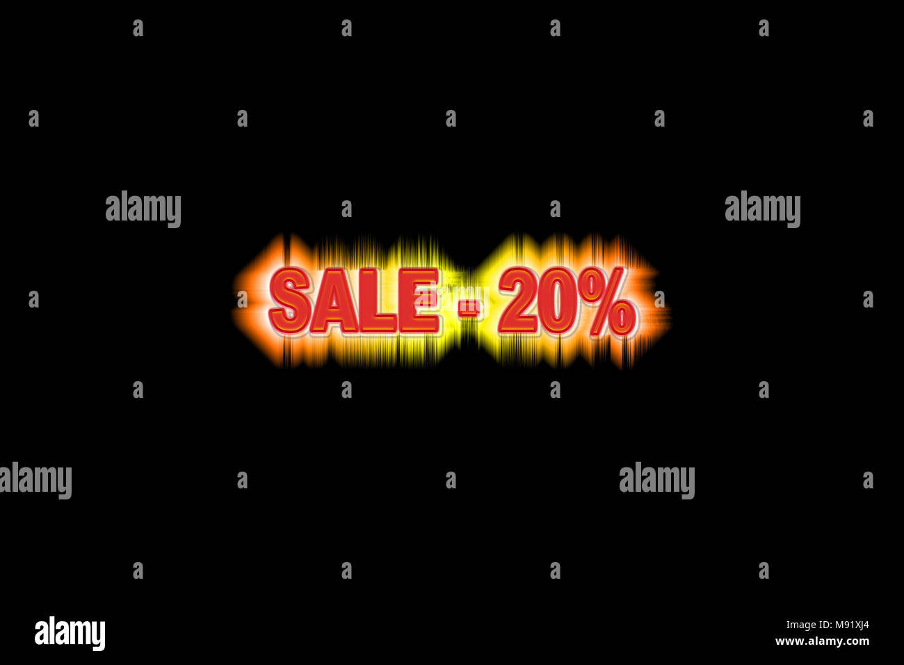 Sconto del venti per cento del volume simulato con un bagliore di arcobaleno su sfondo nero Foto Stock