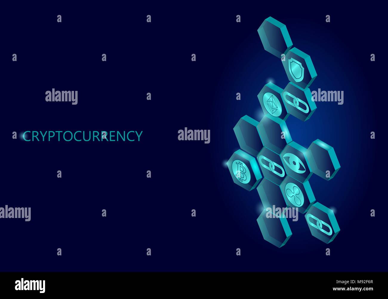 Blockchain blu composizione isometrica. Piatta esagonale incandescente segno della protezione di sicurezza Bitcoin Ethereum Ripple cryptocurrency moneta online globale 3d di pagamento digitale mining illustrazione vettoriale Illustrazione Vettoriale