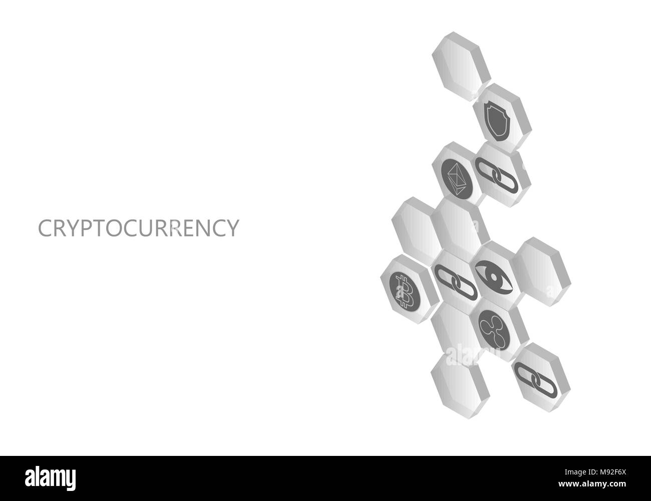 Blockchain bianco grigio neutro composizione sometric. Piatta esagonale incandescente segno della protezione di sicurezza Bitcoin Ethereum Ripple cryptocurrency moneta online globale 3d di pagamento digitale mining illustrazione vettoriale Illustrazione Vettoriale