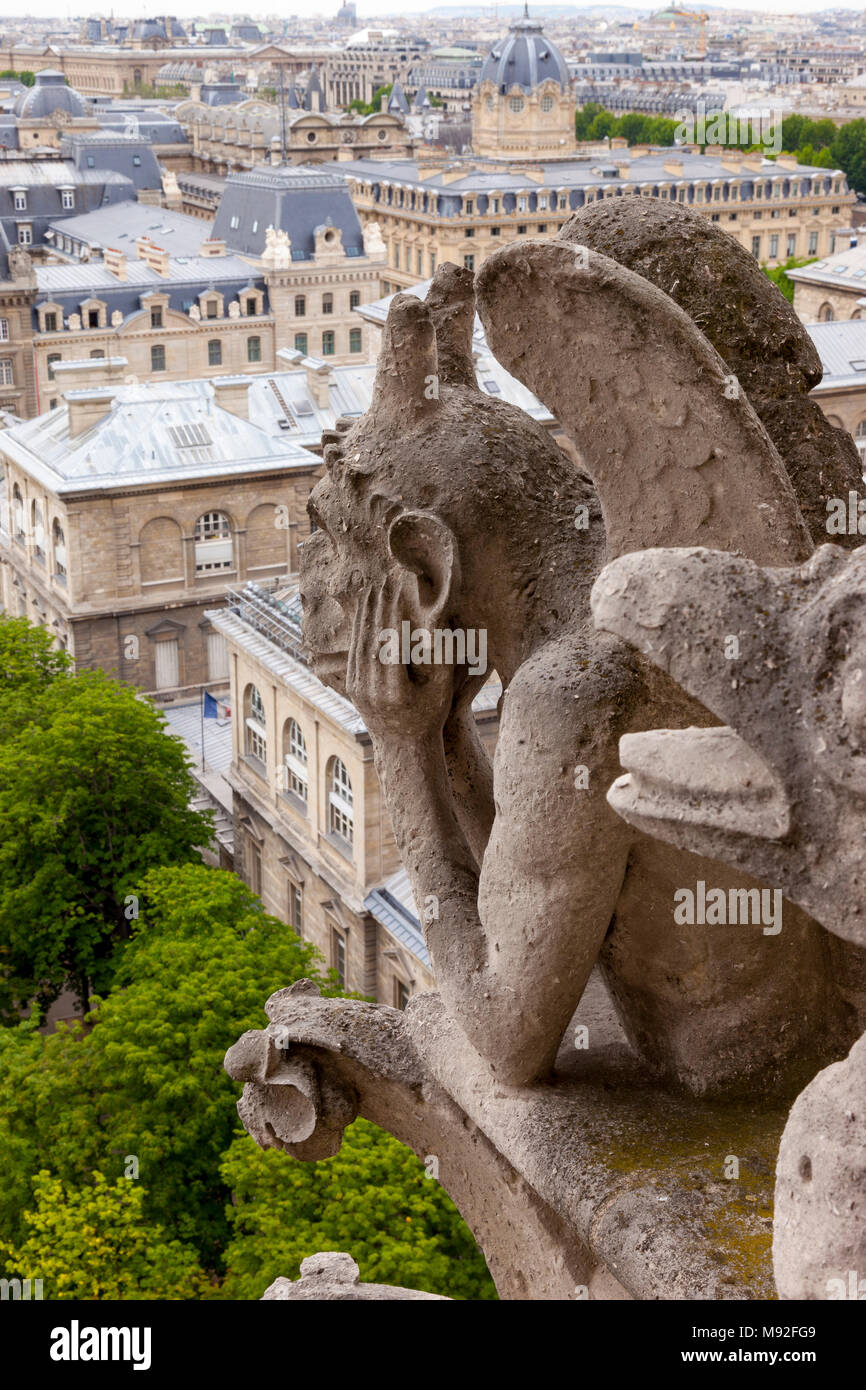Gargoyle affacciato sulla città di Parigi dalla cattedrale di Notre Dame, la torre di Parigi e dell' Ile-de-France, Francia Foto Stock