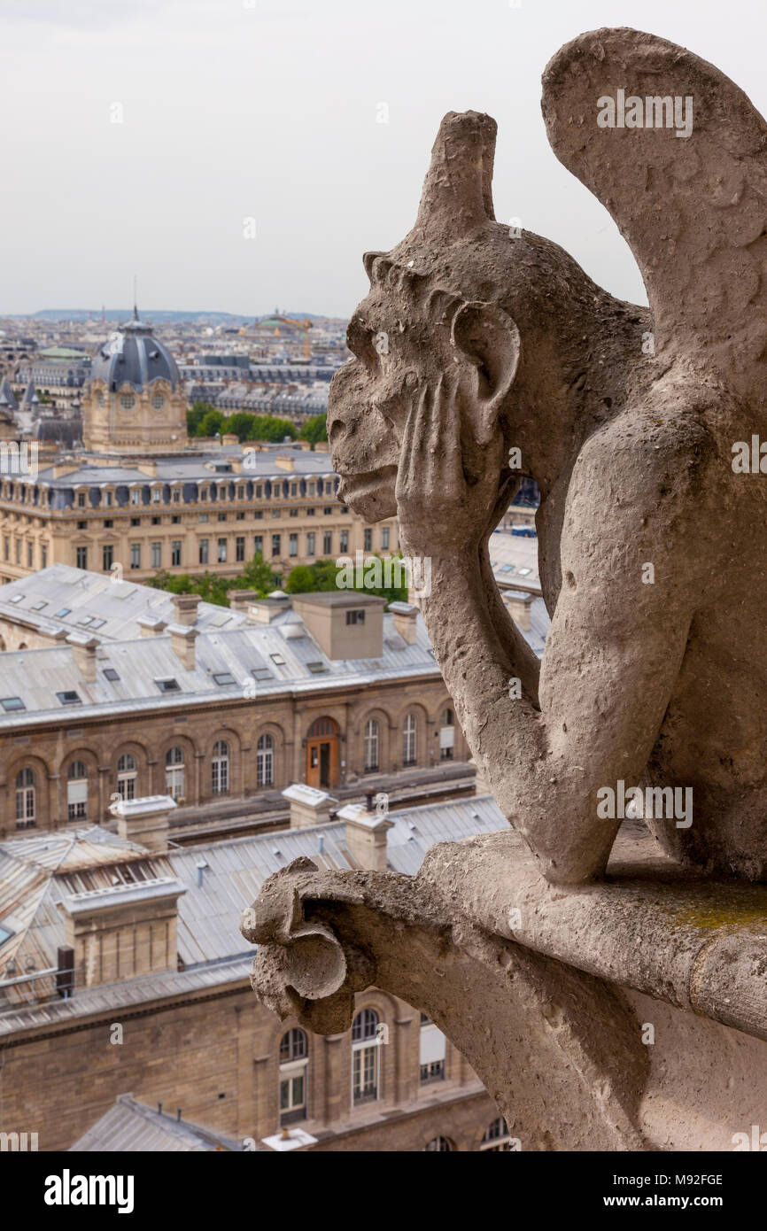 Gargoyle affacciato sulla città di Parigi dalla cattedrale di Notre Dame, la torre di Parigi e dell' Ile-de-France, Francia Foto Stock