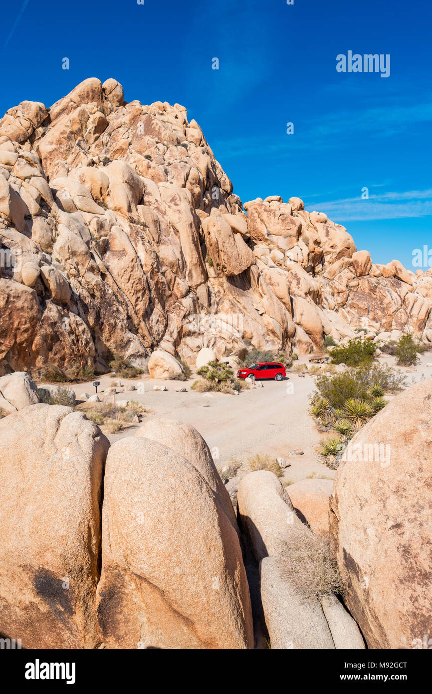 Dodge Journey SUV parcheggiato in un campeggio all'Indian Cove Campeggio a Joshua Tree National Park in California USA Foto Stock