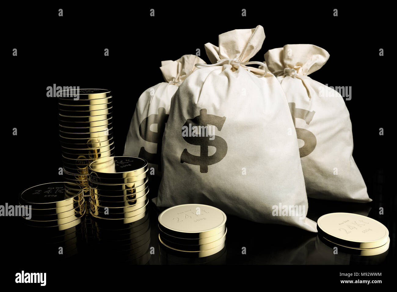3D rendering delle borse di denaro e belle monete d oro Foto Stock