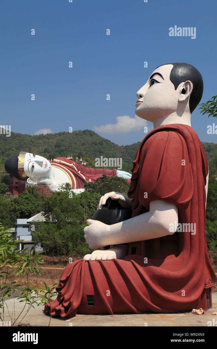 Myanmar, Stato Mon, Mudon, Win Sein Taw Ya, Buddha Reclinato, buddista arhat Shin Upagok, statue, Foto Stock