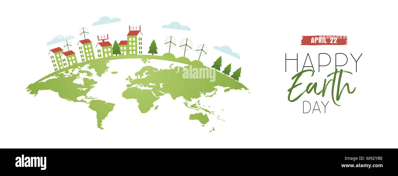 Felice Giornata della Terra banner web immagine con green planet e case utilizzando energia pulita, mulini a vento, energia solare. EPS10 vettore. Illustrazione Vettoriale