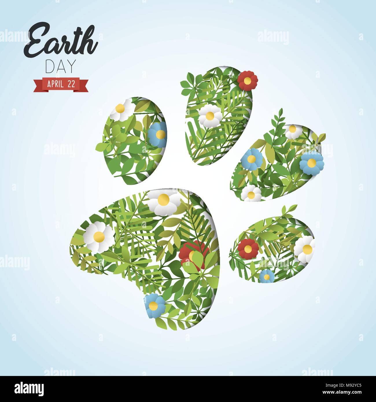 Felice Giornata della Terra di carta ritagliata arte illustrazione per eco friendly celebrazione. Piede di animale stampa con foglie verdi e fiori, conservazione dell ambiente Illustrazione Vettoriale