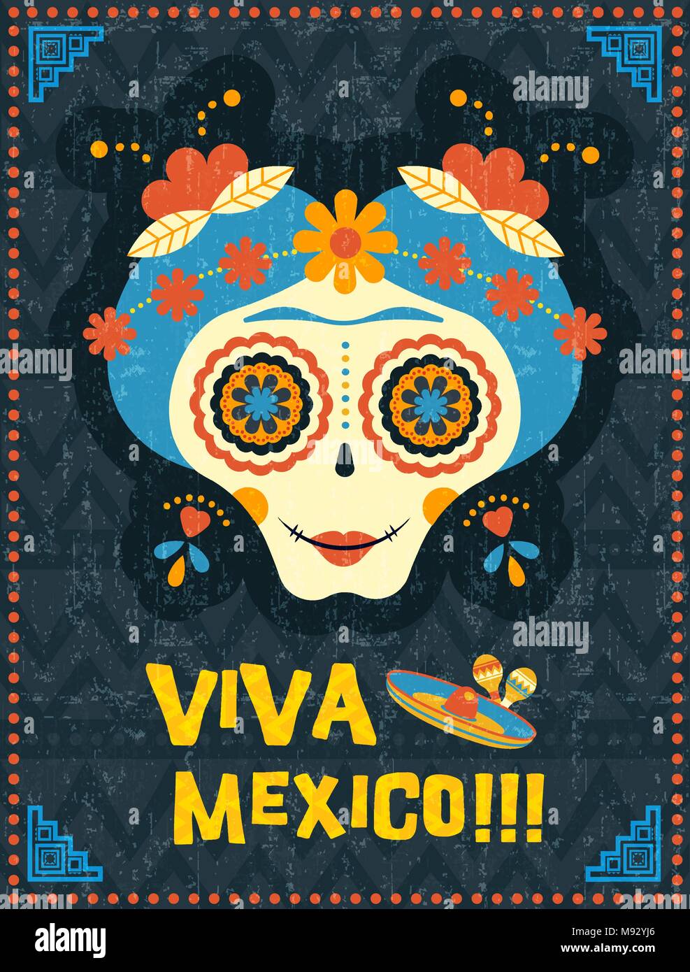 Zucchero messicano cranio con tradizionale giorno dei morti trucco decorazione. Illustrazione Poster, catrina ragazza vestita come famoso artista del Messico. EPS10 vecto Illustrazione Vettoriale