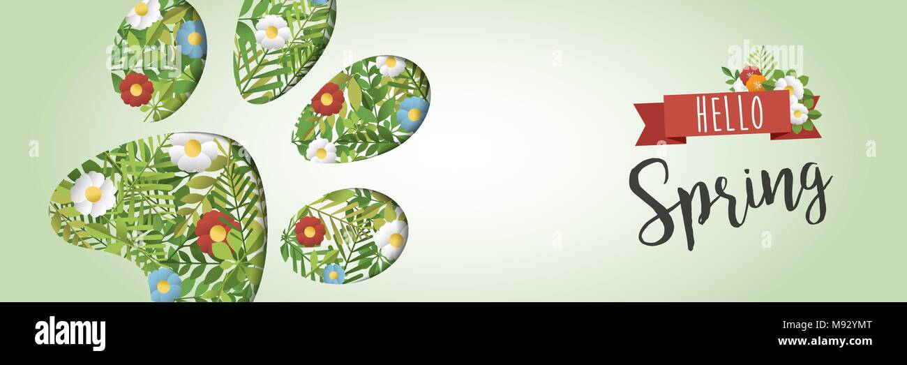 Ciao molla di carta ritagliata arte illustrazione per la celebrazione stagionali. Piede di animale stampa web banner con foglie verdi e fiori. EPS10 vettore. Illustrazione Vettoriale