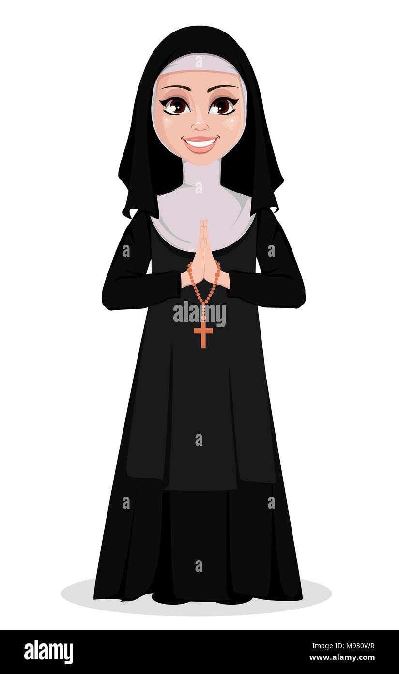 Nun personaggio dei fumetti. Sorridente suora cattolica con la preghiera le mani e il Rosario cattolico. Illustrazione Vettoriale su sfondo bianco. Illustrazione Vettoriale