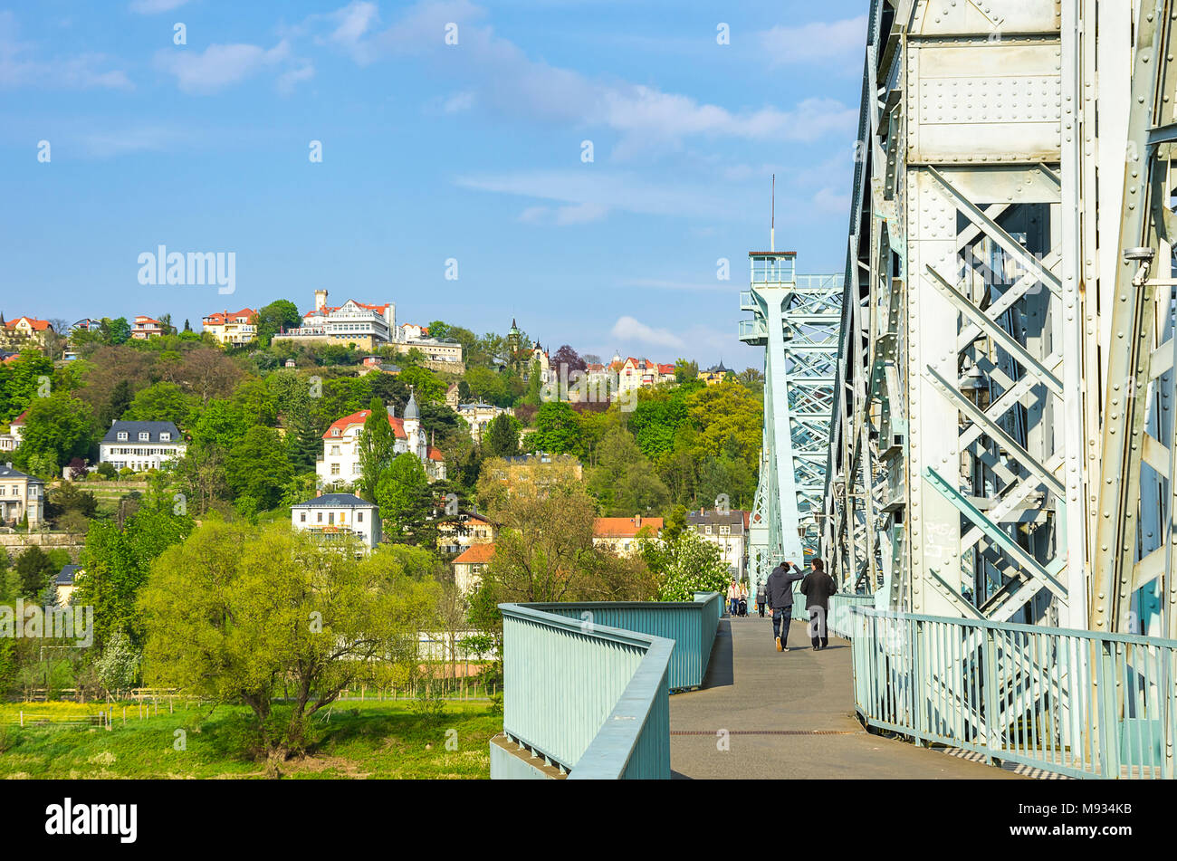 A Dresda, Sassonia, Germania - Vista dalla meraviglia blu ponte per i pendii accanto al fiume Elba nel distretto di Loschwitz. Foto Stock
