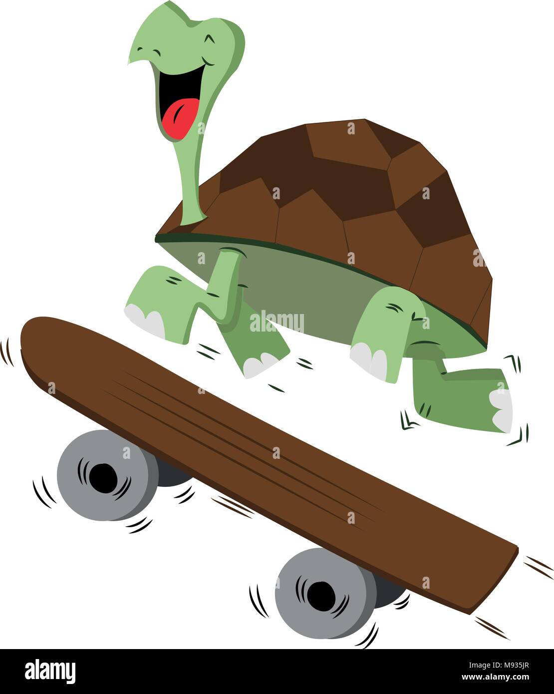 Sorridenti turtle in esecuzione con uno skateboard per il concetto di velocità - illustrazione di vettore isolato su sfondo bianco Illustrazione Vettoriale