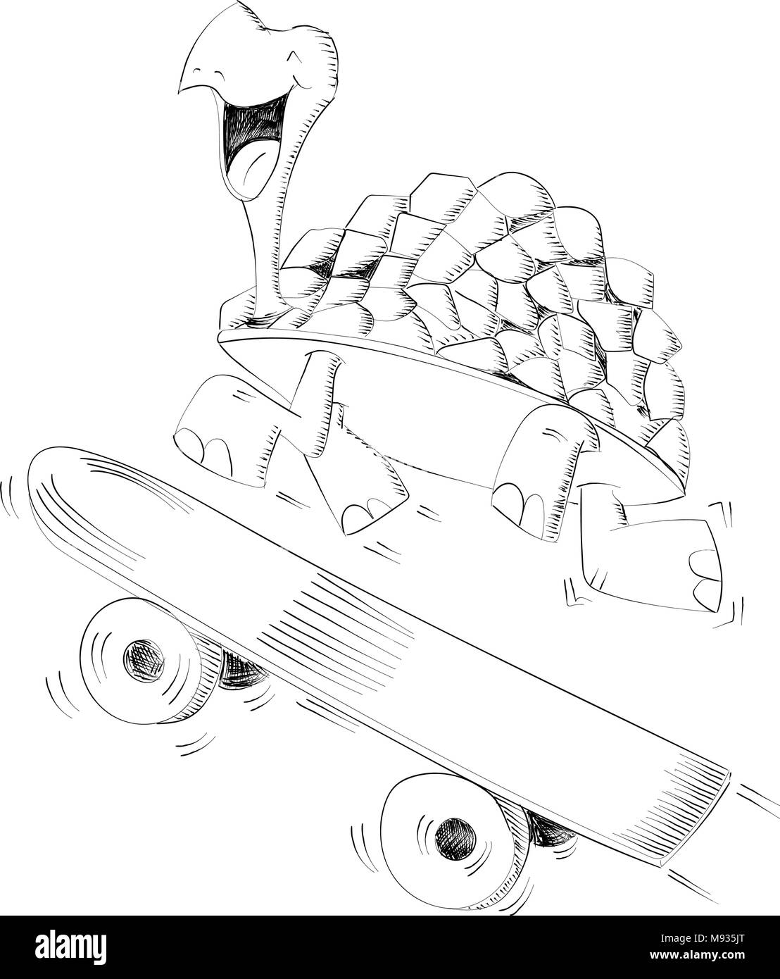 Sorridenti turtle in esecuzione con uno skateboard per il concetto di velocità - illustrazione di vettore isolato su sfondo bianco Illustrazione Vettoriale