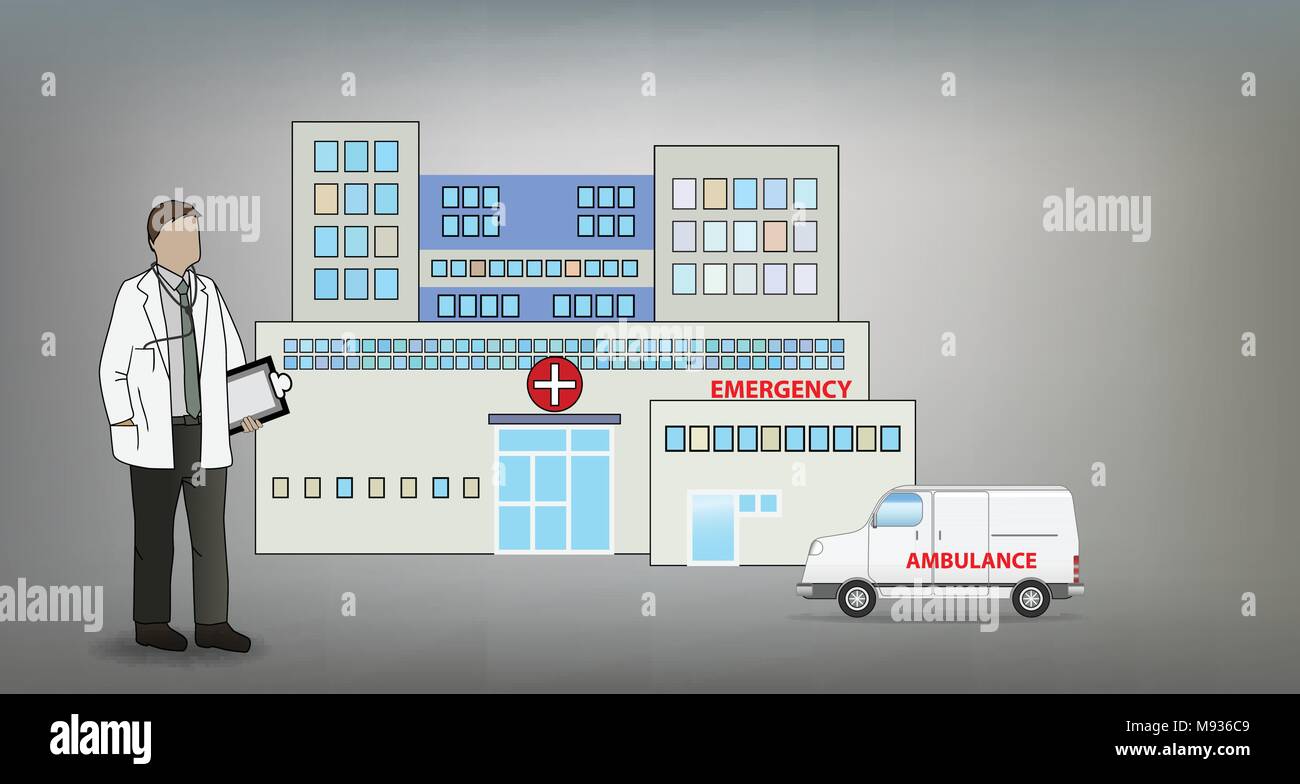 Illustrazione Vettoriale del medico di fronte all'ospedale e ambulanza Van, EPS 10 vettore gradiente, Mesh e trasparenza utilizzato Illustrazione Vettoriale