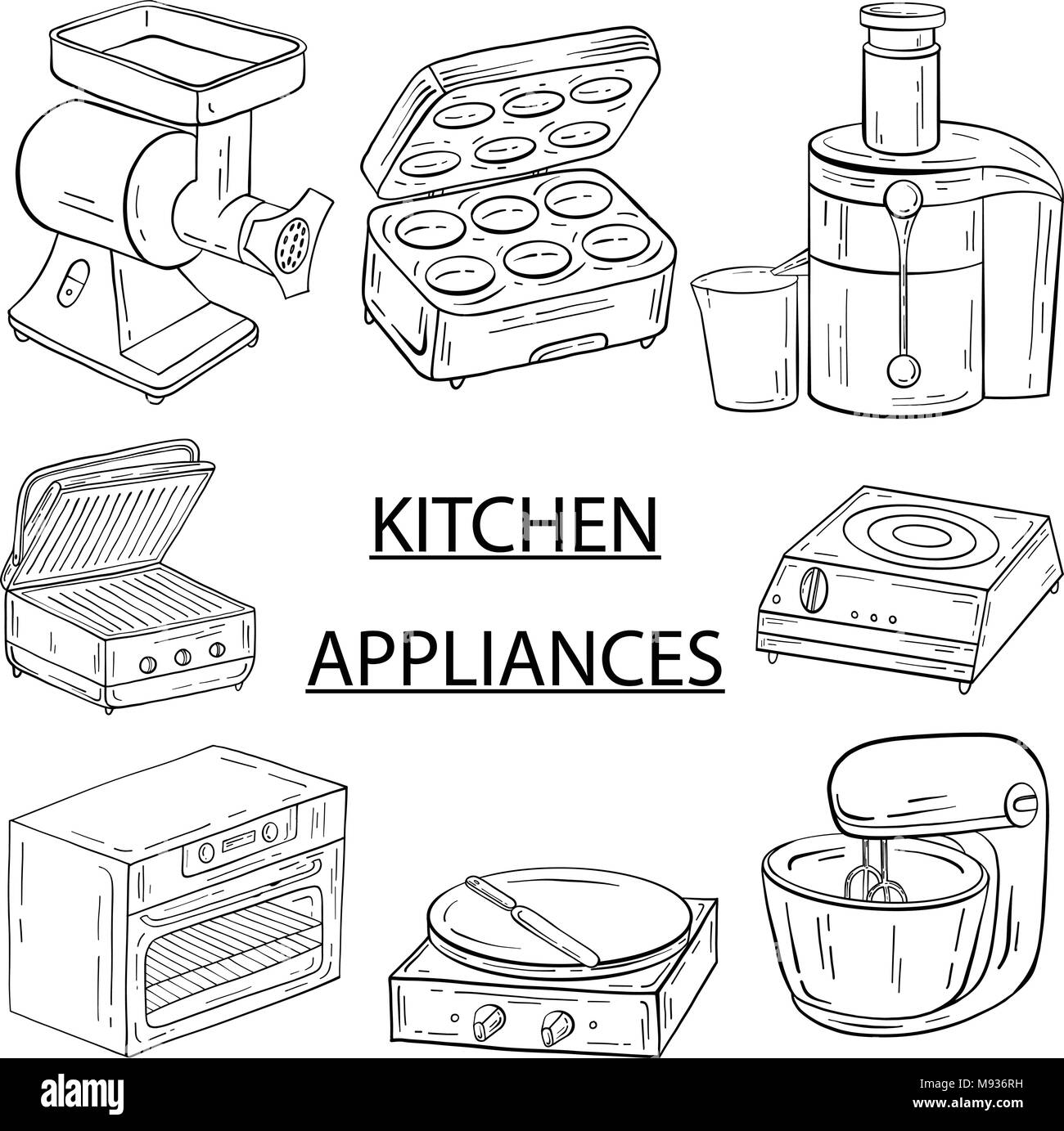 Elettrodomestici per la cucina, caffetteria e ristorante. Vecto Illustrazione Vettoriale