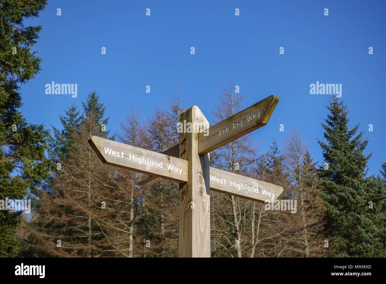 Sentiero segno - intersezione della West Highland Way e Rob Roy modo vicino a Drymen, Scotland, Regno Unito Foto Stock
