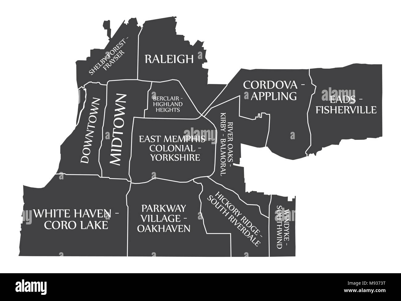 Memphis, Tennessee mappa della città USA etichettati illustrazione nero Illustrazione Vettoriale
