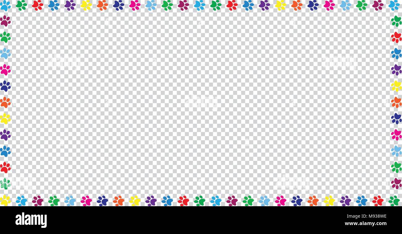 Rettangolo cornice fatta di variopinte arcobaleno zampa animale stampe su sfondo trasparente. Illustrazione Vettoriale, template, border, un quadro di riferimento, foto fram Illustrazione Vettoriale