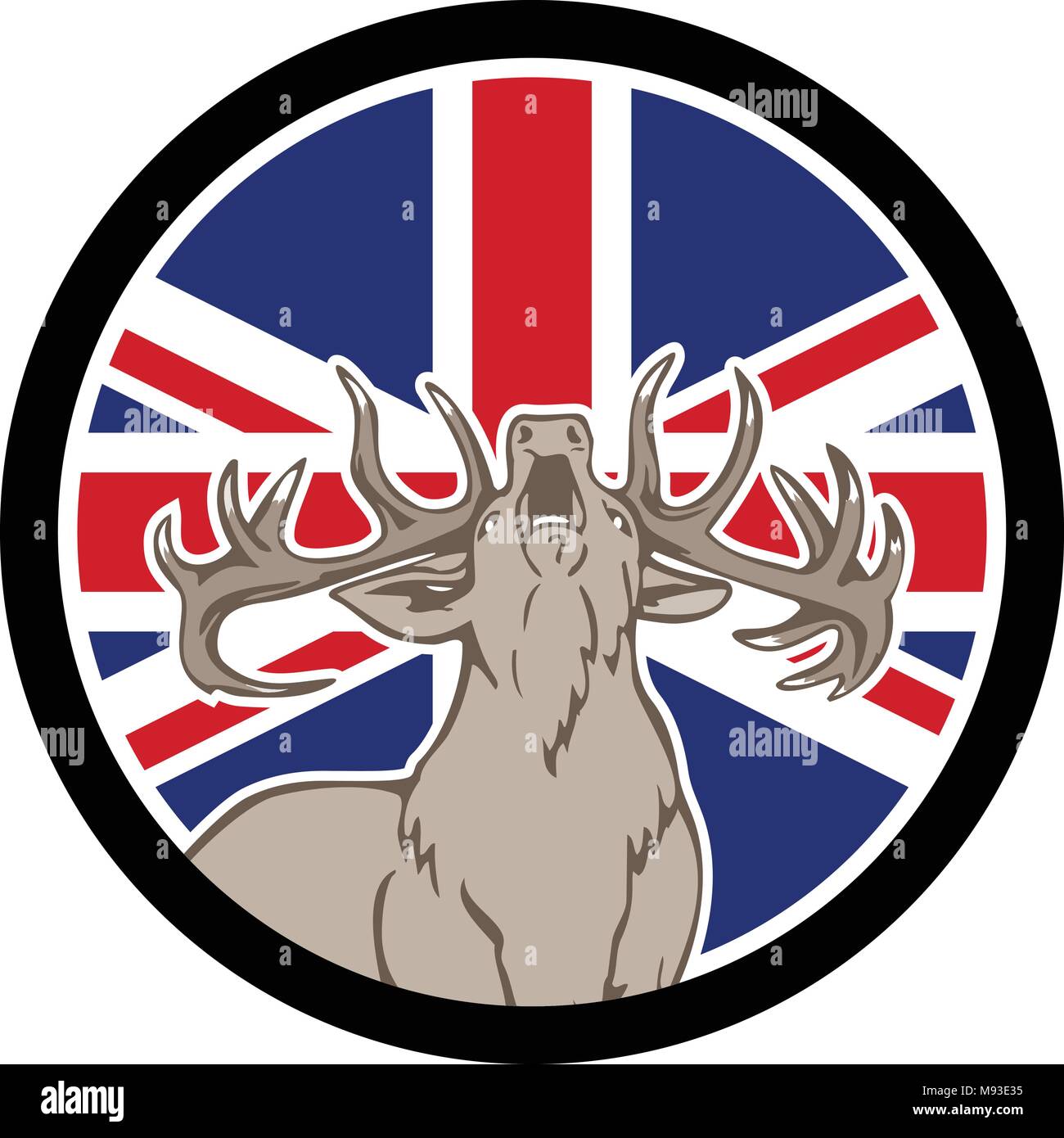 Icona di stile retrò illustrazione di un Britannico rosso Stag Cervo, Cervus elaphus, rumoreggianti vista frontale con il Regno Unito Regno Unito, Gran Bretagna Union Jack flag . Illustrazione Vettoriale