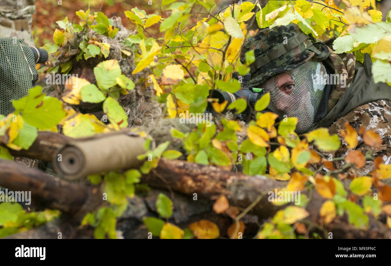 Uno studente prende la mira a un bersaglio durante il Basic Sniper Corso, condotta dalla International Special Training Center presso la multinazionale comune disponibilità centro in Hohenfels, Germania, 24 ottobre 2017. Il CIST è una multinazionale del settore Istruzione e training facility che fornisce funzionalità avanzate e di formazione specializzata a livello tattico di forze per le operazioni speciali e le unità simili dal Memorandum d'intesa, la NATO e il Partenariato per la pace delle nazioni. (SOCEUR foto da 1Lt. Benjamin Haulenbeek) Foto Stock