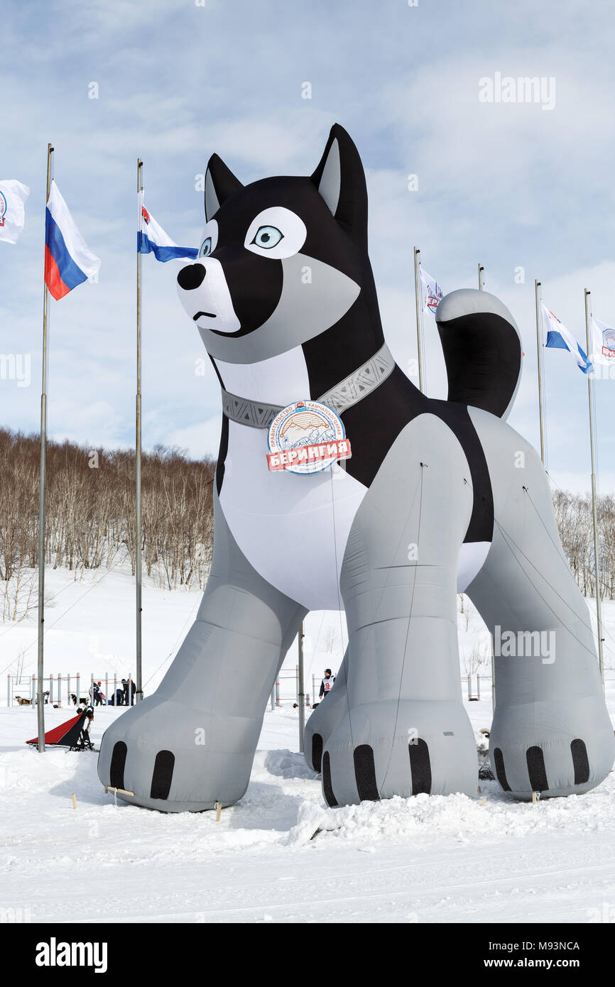 Pneumatico gonfiabile figura di husky sled dog a stadium di Petropavlovsk Kamchatsky città - simbolo della Kamchatka tradizionale Sled Dog Race Beringia Foto Stock