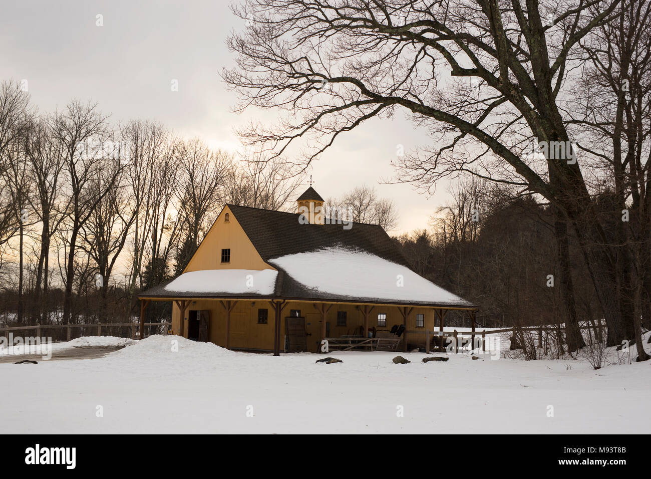 Una pecora fienile in inverno a Lincoln, Massachusetts, come il sole tramonta. Foto Stock