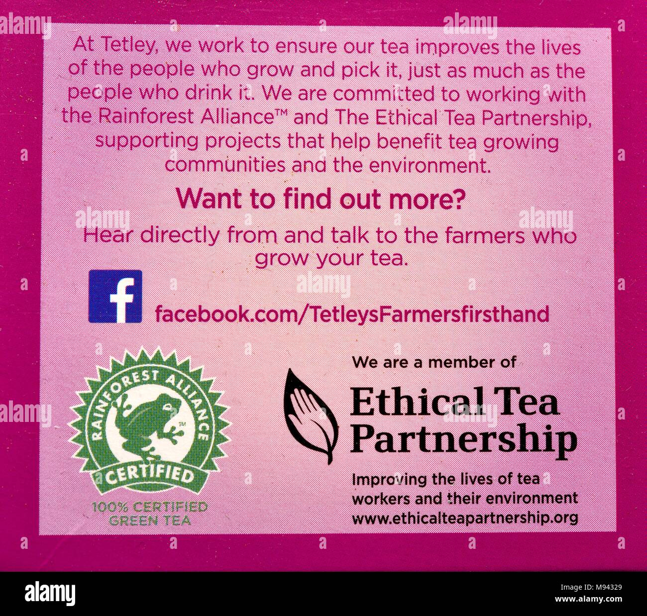 Ethical tea partnership etichettatura del prodotto Foto Stock