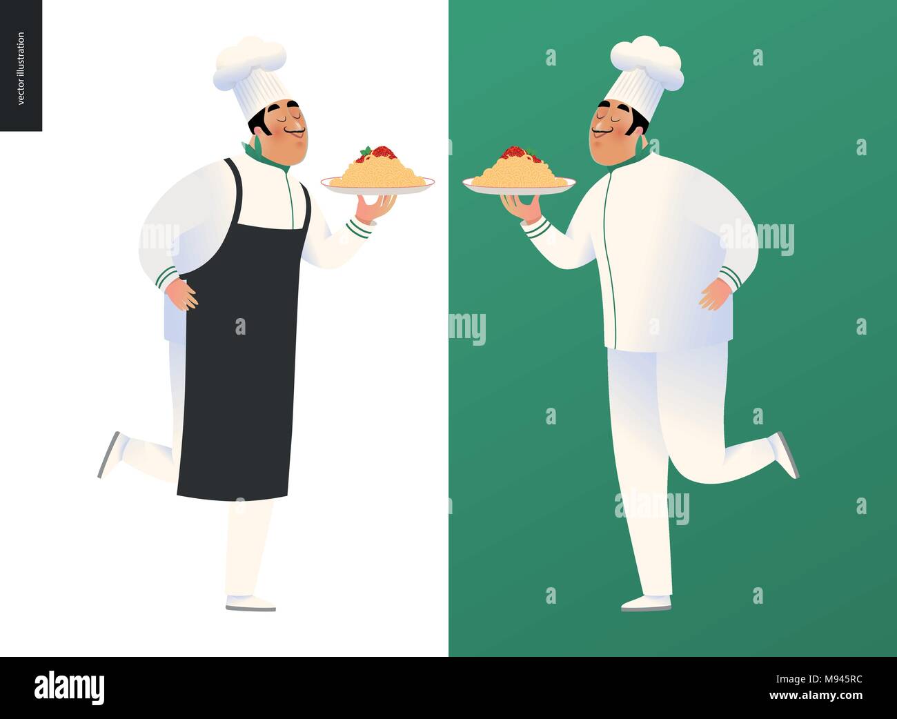 Il ristorante italiano set - due cuochi di indossare l'uniforme tenendo un  piatto di pasta con il rosso il ragù alla bolognese, personaggio dei cartoni  animati Immagine e Vettoriale - Alamy
