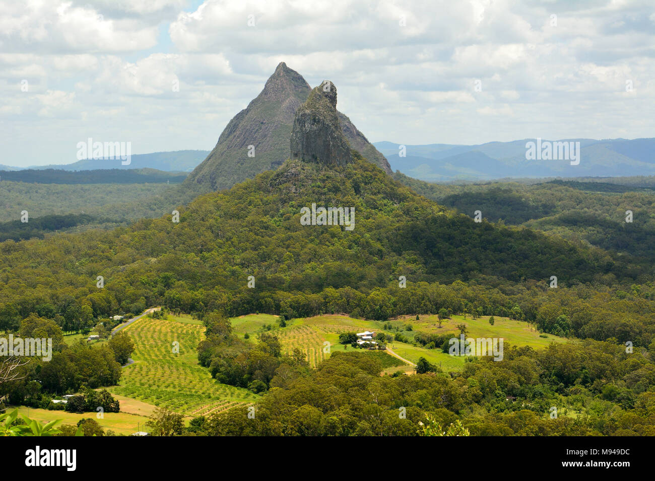 Vista sulle montagne e Beerwah Coonowrin in casa di vetro montagne regione nel Queensland, Australia. Foto Stock