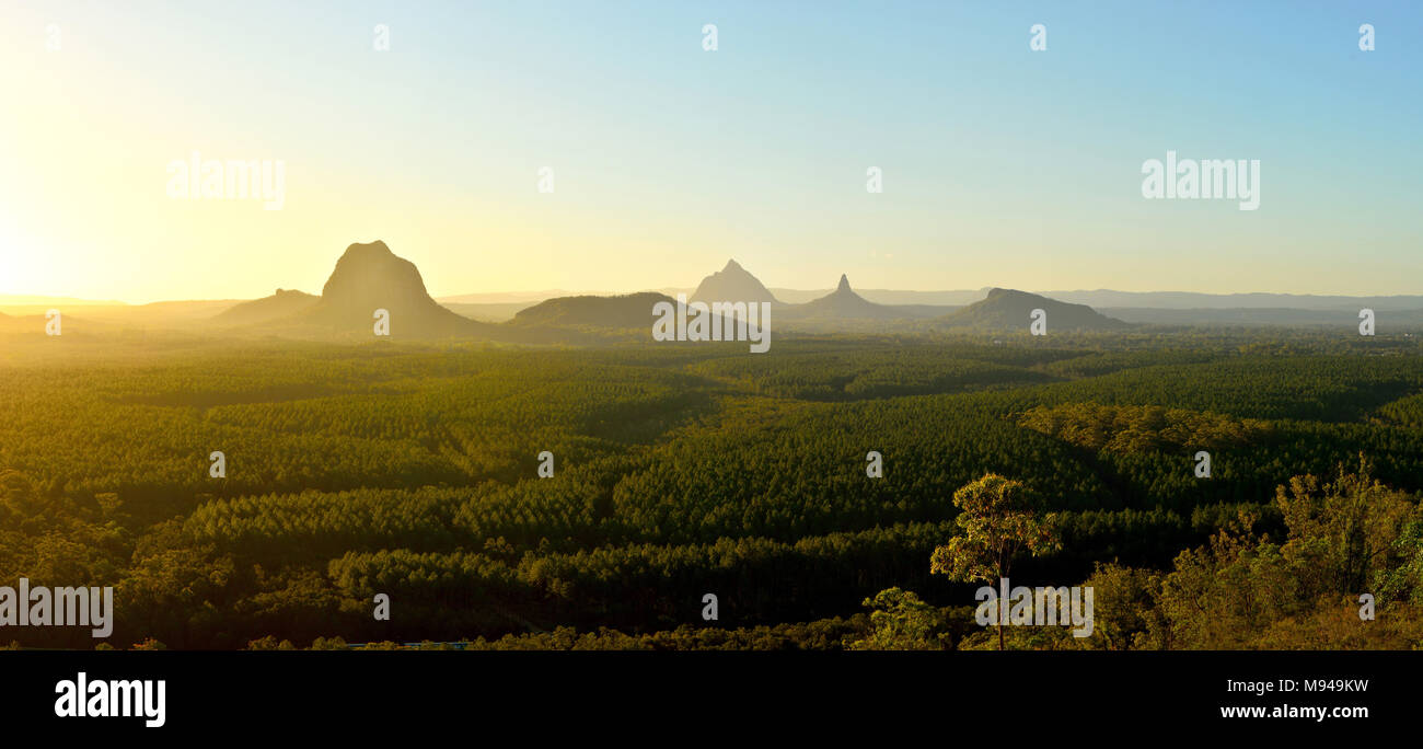 Vista panoramica della casa di vetro montagne (compresi Tibrogargan, Cooee, Beerwah, Coonowrin e Ngungun) al tramonto nel Queensland, in Australia. Foto Stock
