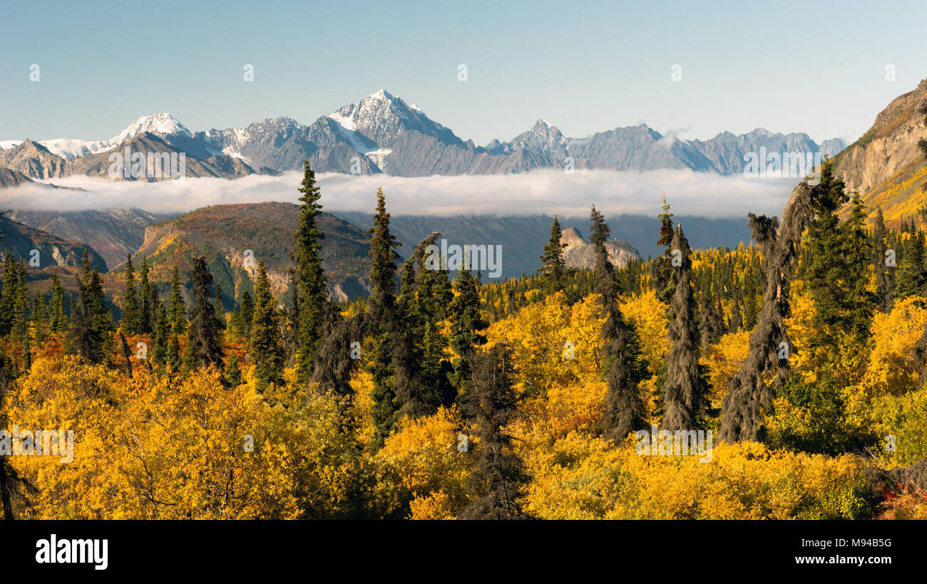 Le montagne della gamma Chugach stare sopra le nuvole salendo dalla valle in Alaska America del Nord Foto Stock